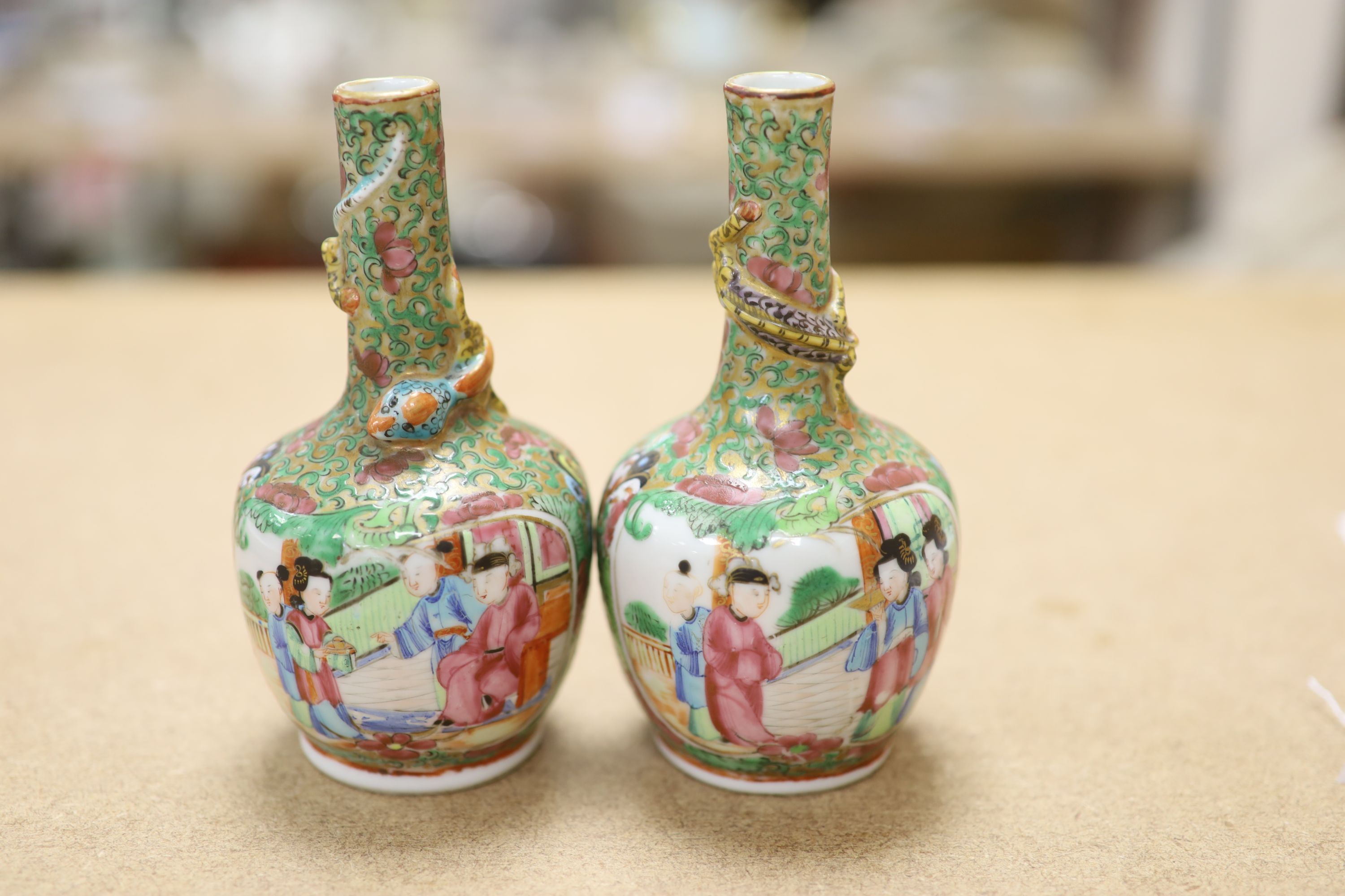 A pair of 19th century Canton bottle vases, height 14cm